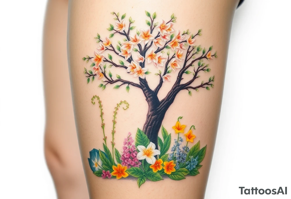 Lilly of the vally plants underneath a blooming hawthorn tree with other colorful lilly plants on ground tattoo idea