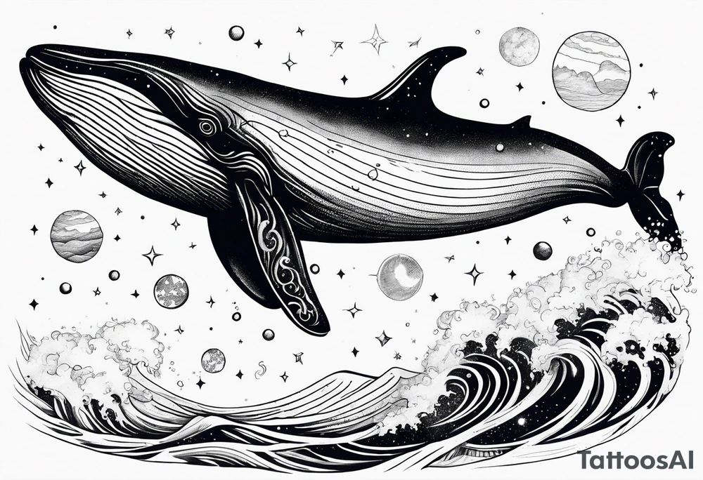 Moby dick inspired sperm whale jumping out of the water with the Virgo constellation in the sky tattoo idea