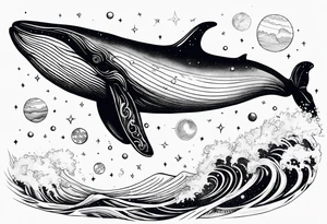 Moby dick inspired sperm whale jumping out of the water with the Virgo constellation in the sky tattoo idea