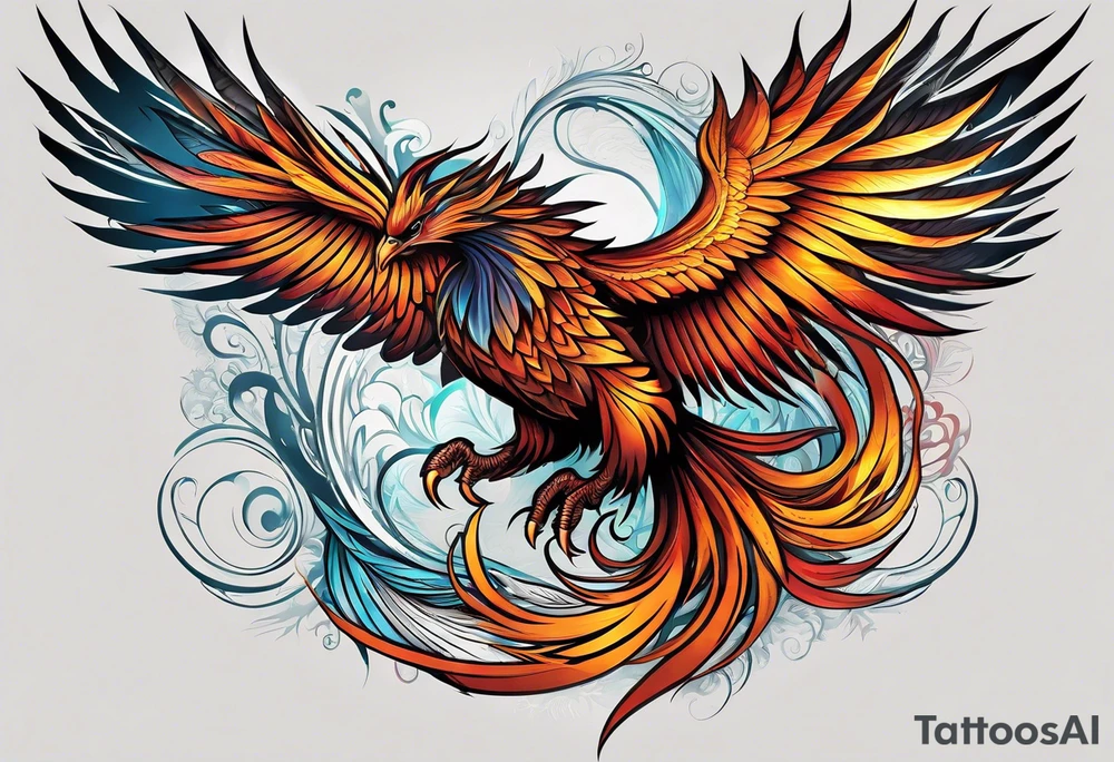 Tattoo: A powerful, majestic phoenix, depicted mid-flight or rising, with wings extended and feathers flowing. Deep shading and intricate details to bring out the texture and motion of the feathers. tattoo idea