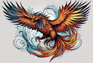 Tattoo: A powerful, majestic phoenix, depicted mid-flight or rising, with wings extended and feathers flowing. Deep shading and intricate details to bring out the texture and motion of the feathers. tattoo idea