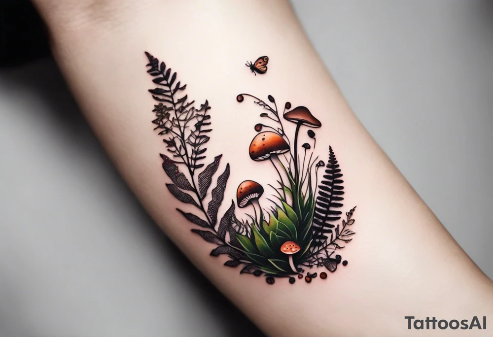 minimalistic forest floor inspired tattoo, which includes grass, moss, curly ferns and dead leaves as the bulk of the tattoo. details to include: forest berries, couple of very small brown mushrooms, a tiny bumblebee flying nearby tattoo idea