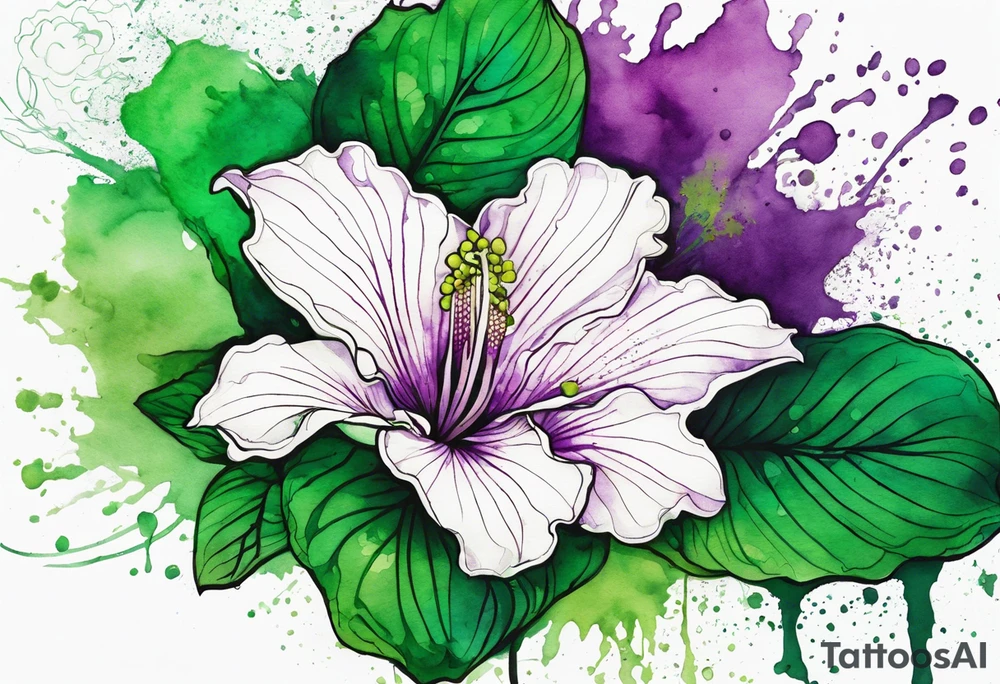An outline of an only green rio dipladenia flower and a green and purple watercolor splash in the background tattoo idea