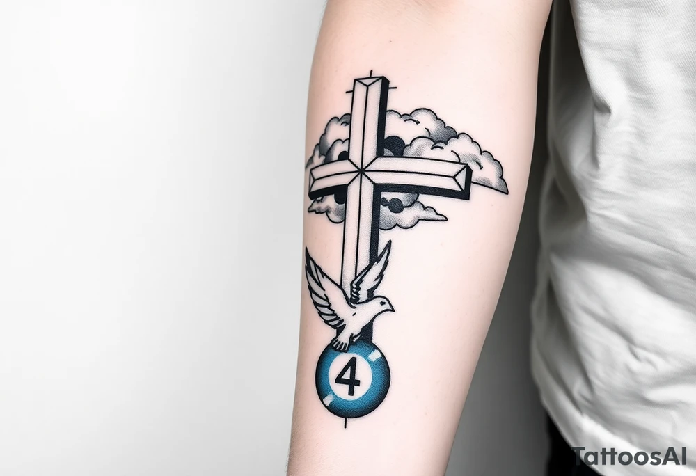 Big cross with clouds in the back with a dove a the bottom left of the forearm with a blue circle around it and the number 4 to the of the dove. cover the whole forearm tattoo idea