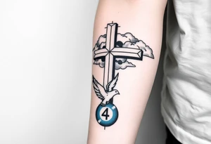 Big cross with clouds in the back with a dove a the bottom left of the forearm with a blue circle around it and the number 4 to the of the dove. cover the whole forearm tattoo idea