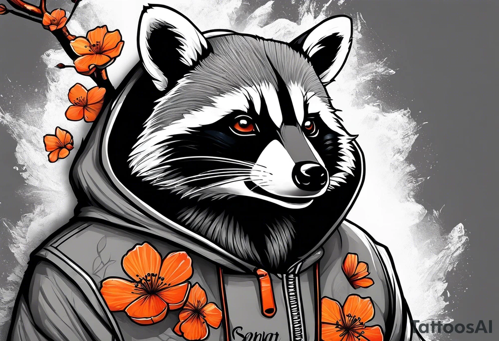 raccoon wearing a black and white Superman hoodie and orange Japanese cherry blossoms tattoo idea