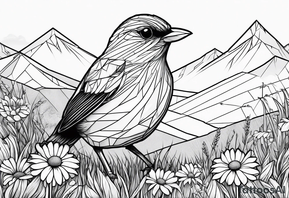 Geometric small bird in a grass and daisy field with Mountain View behind tattoo idea