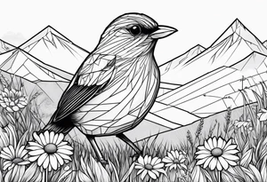 Geometric small bird in a grass and daisy field with Mountain View behind tattoo idea