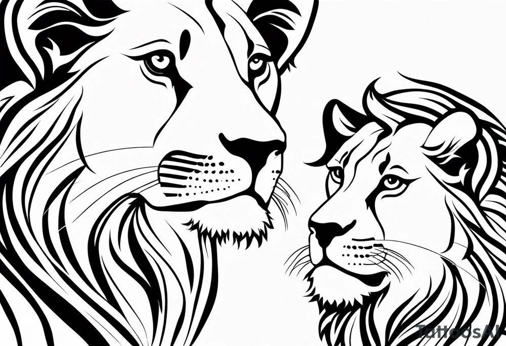 Moitié du visage lion avec son bebe lionne avec trait super fin tattoo idea