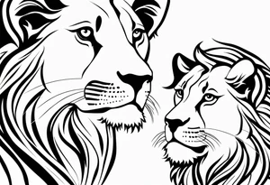 Moitié du visage lion avec son bebe lionne avec trait super fin tattoo idea