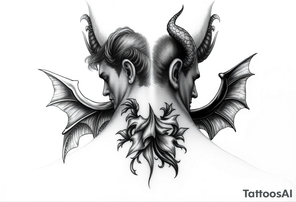 position behind the neck Angel (on the right) whispering in the right ear, demon (on the left) whispering in the left ear. It must be as realistic as possible. tattoo idea