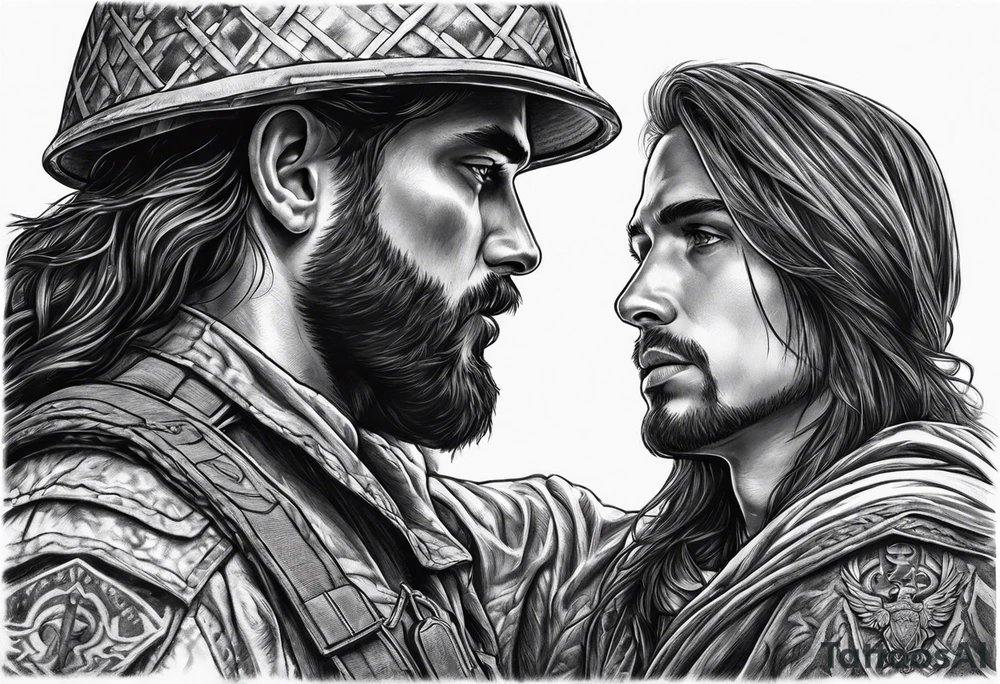 A solider face to face with death with Jesus over the soldier’s shoulder tattoo idea