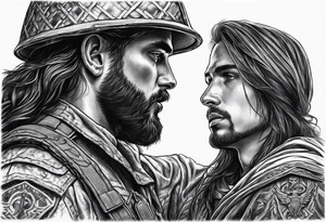 A solider face to face with death with Jesus over the soldier’s shoulder tattoo idea