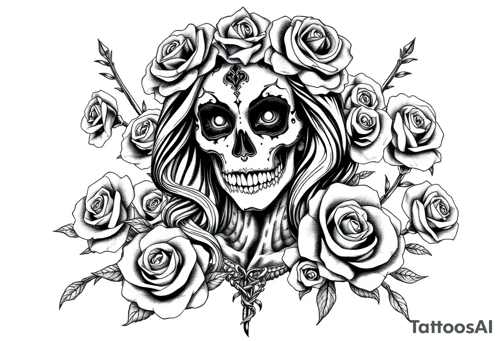 Powerful and evil day of the dead woman,  surrounded by unclaimed souls and roses tattoo idea