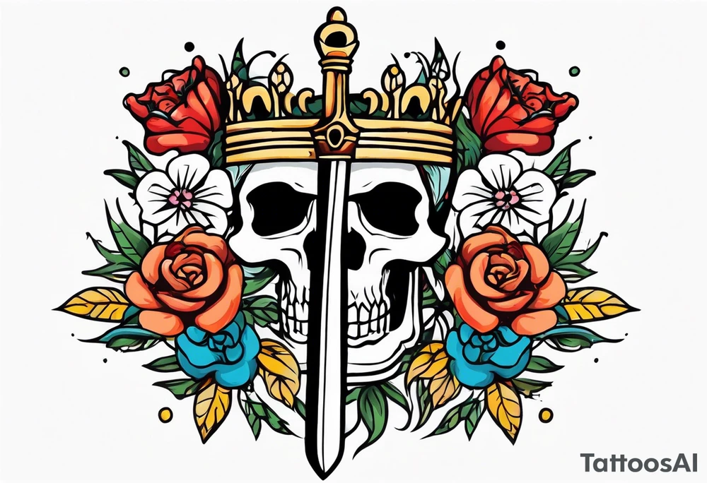 sword traditonal vintage tattoo crown colorful with flowers tattoo idea
