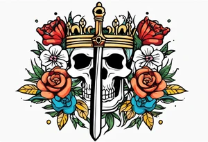 sword traditonal vintage tattoo crown colorful with flowers tattoo idea