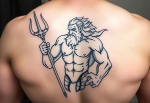 realistic muscular poseidon with big trident tattoo idea