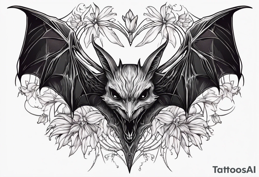 Evil bat holding a lycoris radiata, skeleton hands making heart shape around the bat, lycoris radiata accents surrounding the outside tattoo idea