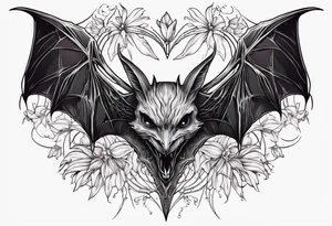 Evil bat holding a lycoris radiata, skeleton hands making heart shape around the bat, lycoris radiata accents surrounding the outside tattoo idea