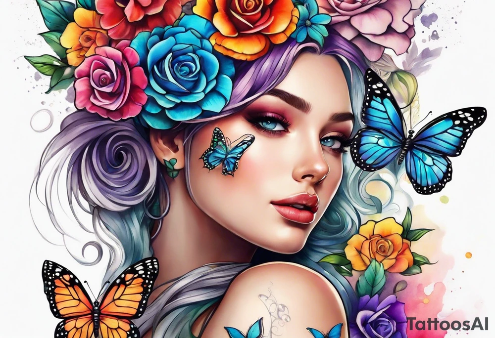 Arm sleeve with rainbow flowers and butterflies tattoo idea