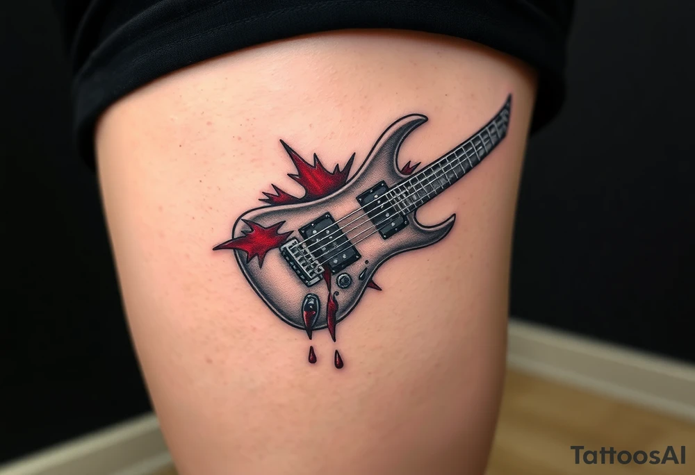 A jagged, shattered electric guitar, with a blood-red hue dripping from the broken edges, symbolizing chaos and intensity tattoo idea