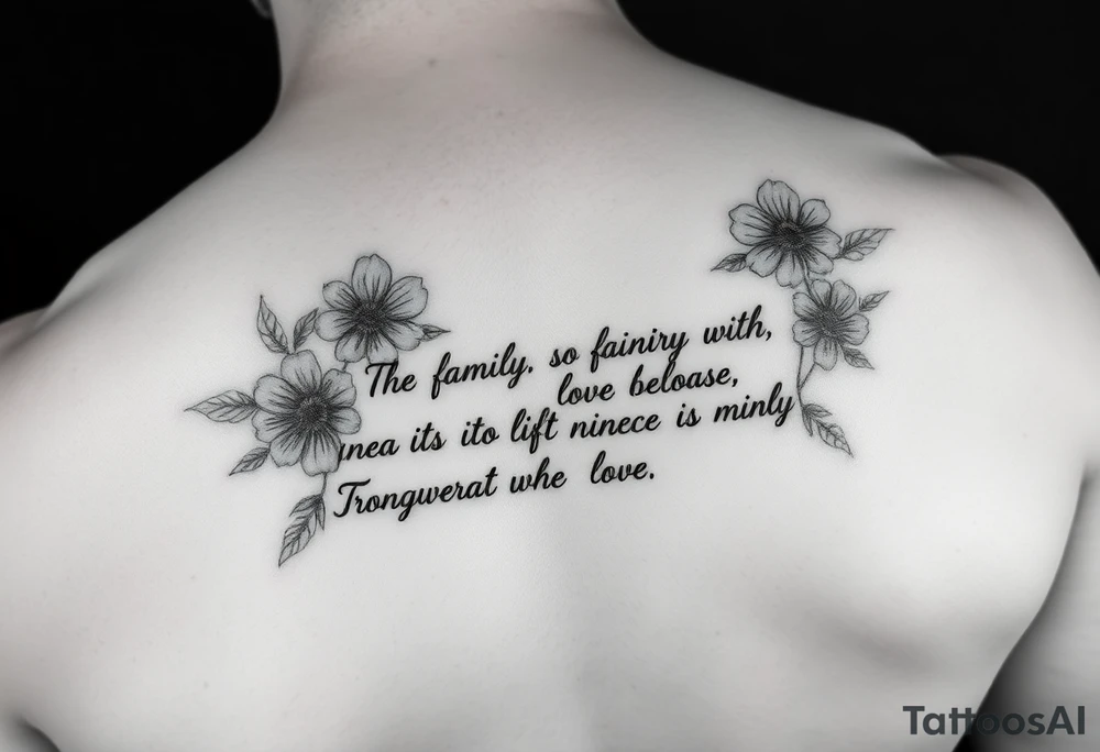Meaningful quotes that has meanings such as family, love, kindness, fairness, respect, trust, loyalty, humour, honesty, hardworking, thoughtful, sharing and it has some flowers as a background or just around it thats on the ribs tattoo idea