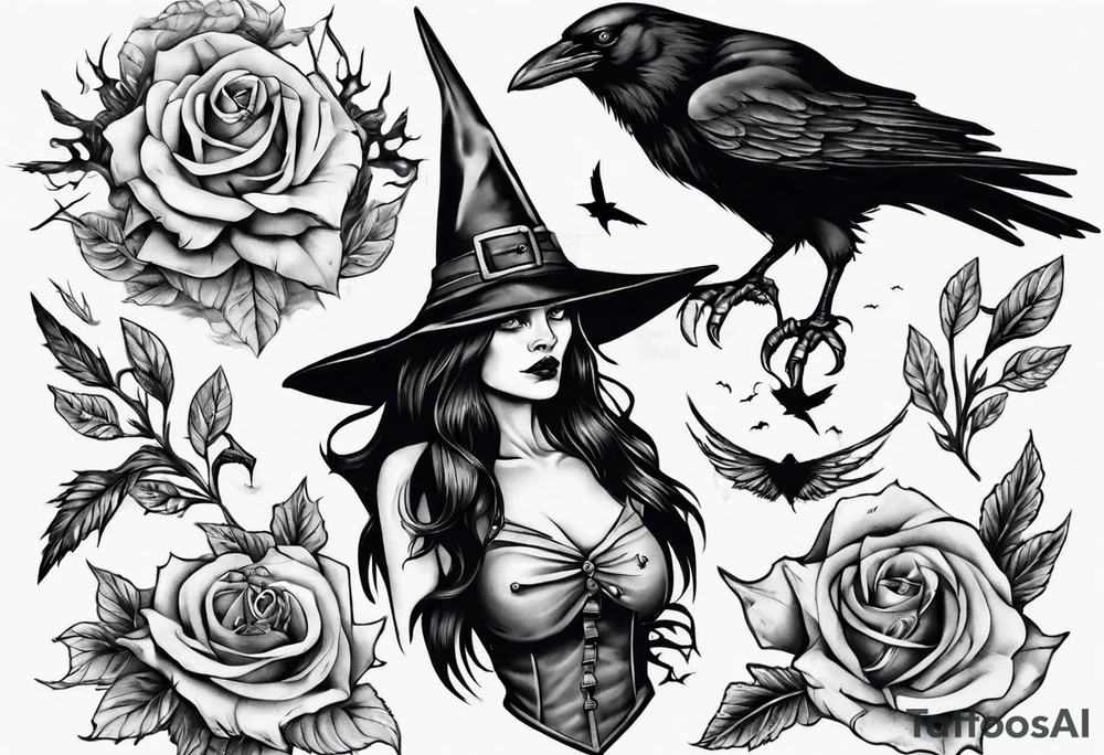 witch with crows, no roses or flowers tattoo idea