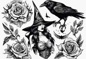 witch with crows, no roses or flowers tattoo idea