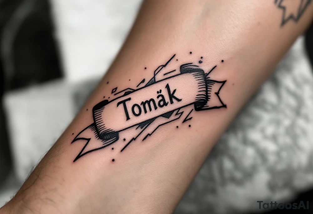 Name "Tomík" flowing like a banner above 18.6.2015 v 9:00, with subtle earth tone shading. tattoo idea