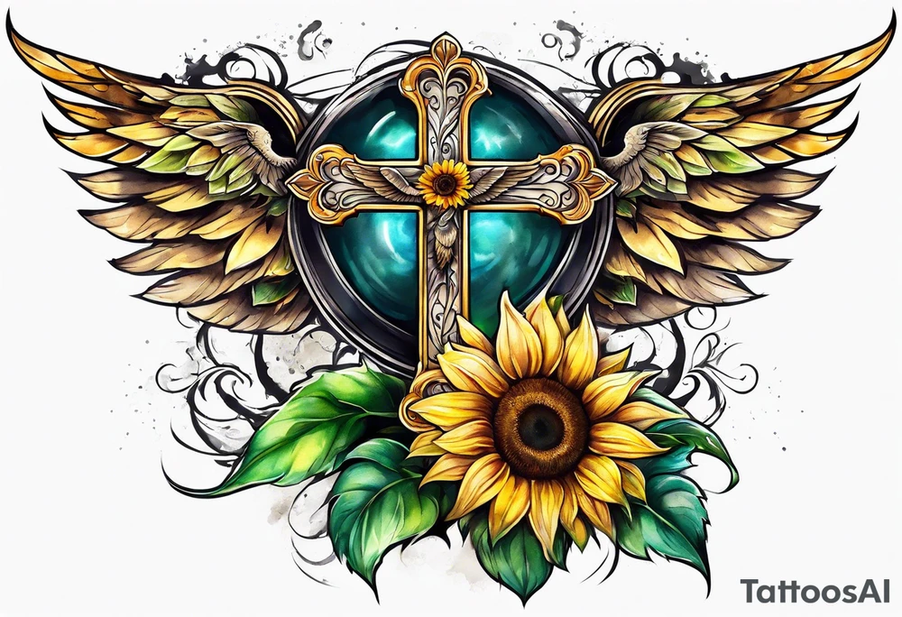 Winged cross with sunflower tattoo idea