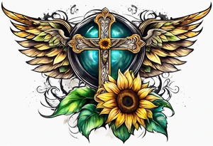 Winged cross with sunflower tattoo idea