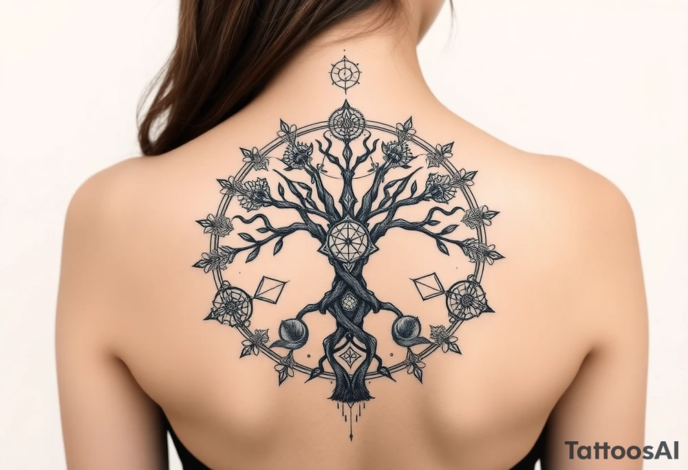 Sephiroth tree tattoo with sacred geometry and cosmic elements tattoo idea