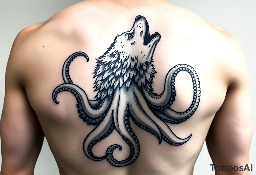 A surreal wolf octopus howling  in the arm tattoo idea