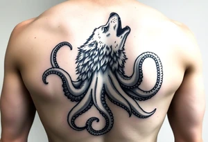 A surreal wolf octopus howling  in the arm tattoo idea