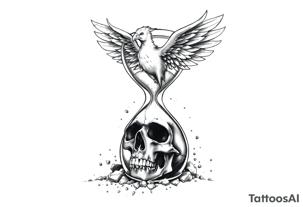 A cracked hourglass with the sands forming a skull below and a phoenix rising from the top. tattoo idea