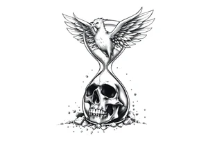 A cracked hourglass with the sands forming a skull below and a phoenix rising from the top. tattoo idea