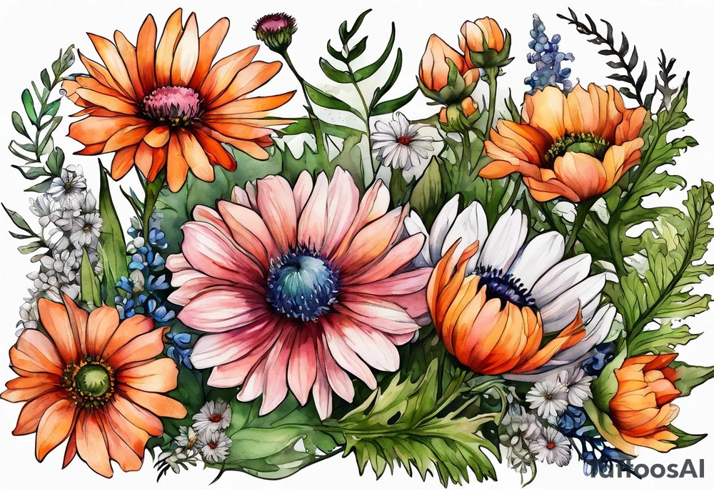 wildflowers with thistles, ferns, white anemones, sun flowers, orange flowers, green flowers, pink flowers, red flowers, babys breath and daisies all in watercolor tattoo idea