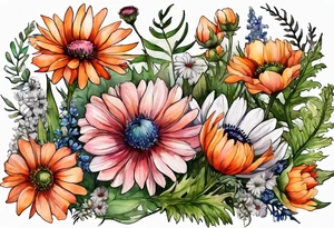 wildflowers with thistles, ferns, white anemones, sun flowers, orange flowers, green flowers, pink flowers, red flowers, babys breath and daisies all in watercolor tattoo idea
