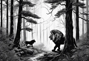 realistic black and gray  dark 
forest with a small lion walking into the forest looking backwards 
with a spiritual component tattoo idea