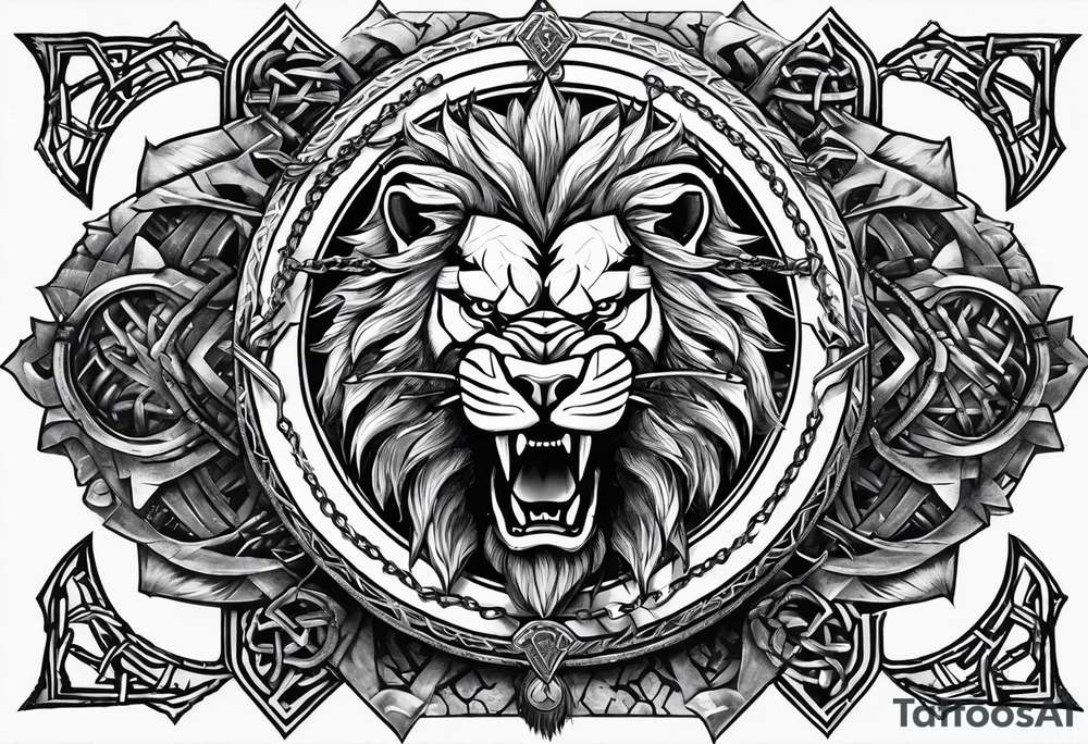 Valhalla sword shield  axe lion 
Valknut barbed wire chains tattoo idea