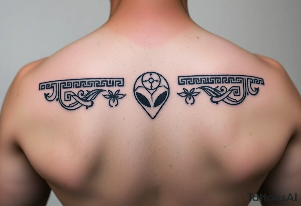 "Ultra-thin horizontal tattoo band (ratio 10:1), black and red line art. Seamless fusion of:  
- Greek meander pattern,  
- Neo-tribal sharp angles,  
- Chinese dragon scales (black) and phoenix feathers (red),  
- Alien head as abstract geometric symbol (3 lines + 2 dots, resembling ancient petroglyph).  

Hidden details: Bagua trigrams in corners. Alien symbol integrated into meander like a subtle glyph — no facial features, only minimal shapes.  

Style: sacred geometry, dotwork tattoos, ancient Greek pottery motifs. All elements balanced — nothing dominant. NO realism, NO aggression, pure symbolism." tattoo idea
