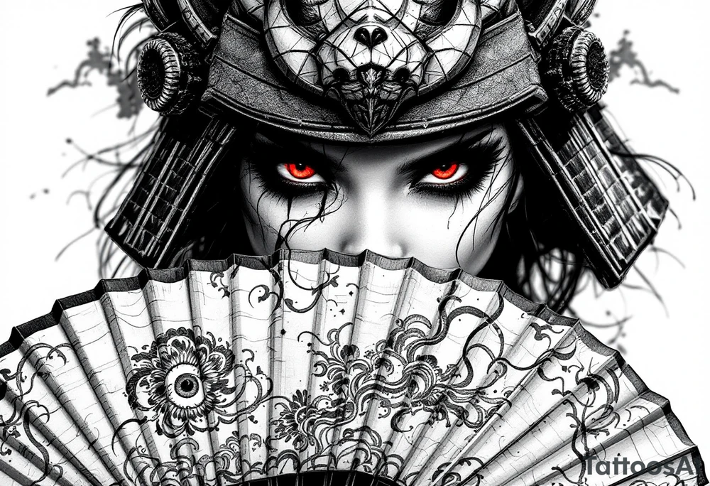 Woman samurai with red eyes wearing an half and broken kitsune mask, holding a japanese fan with irises. tattoo idea