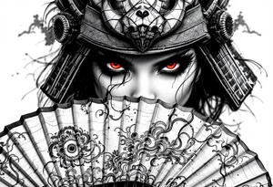 Woman samurai with red eyes wearing an half and broken kitsune mask, holding a japanese fan with irises. tattoo idea