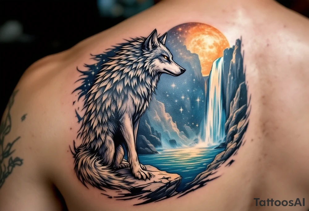 A mystical wolf-headed Aquarius guardian, standing by a cosmic waterfall, symbolizing Aquarius’ deep intuition and free spirit. tattoo idea