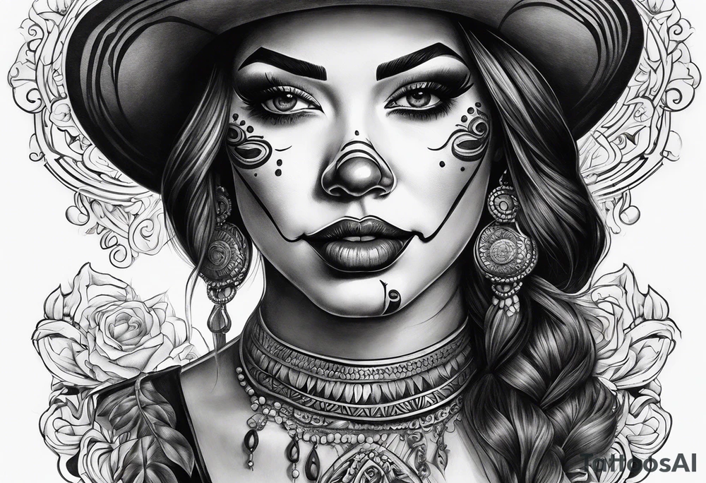 Chicano style women face clown face tattoo idea