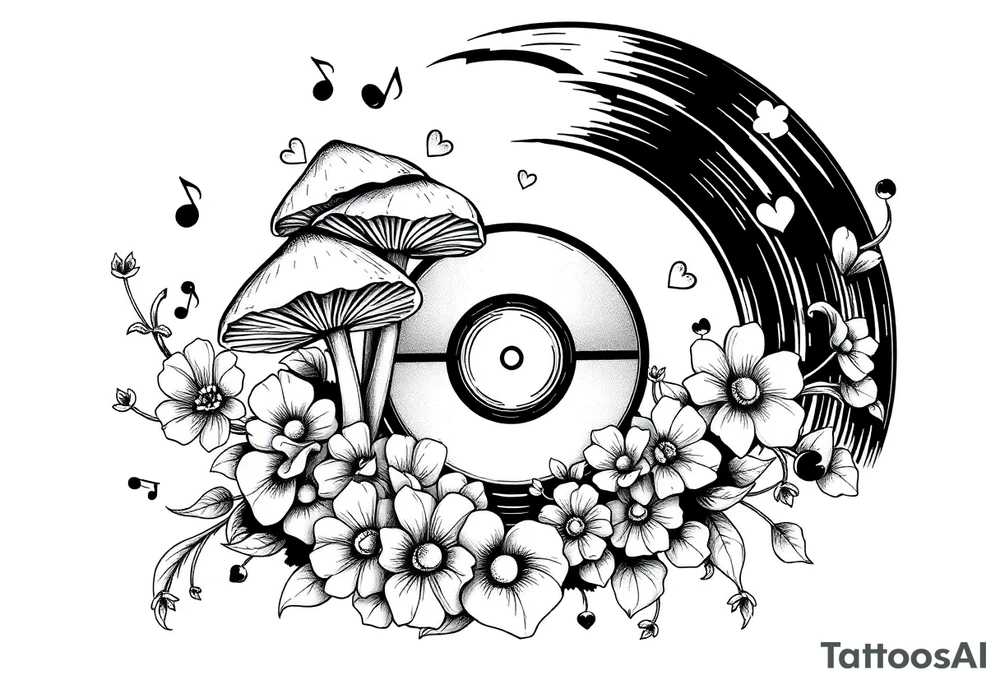 vinyl record with mushrooms, flowers, hearts, and music notes tattoo idea