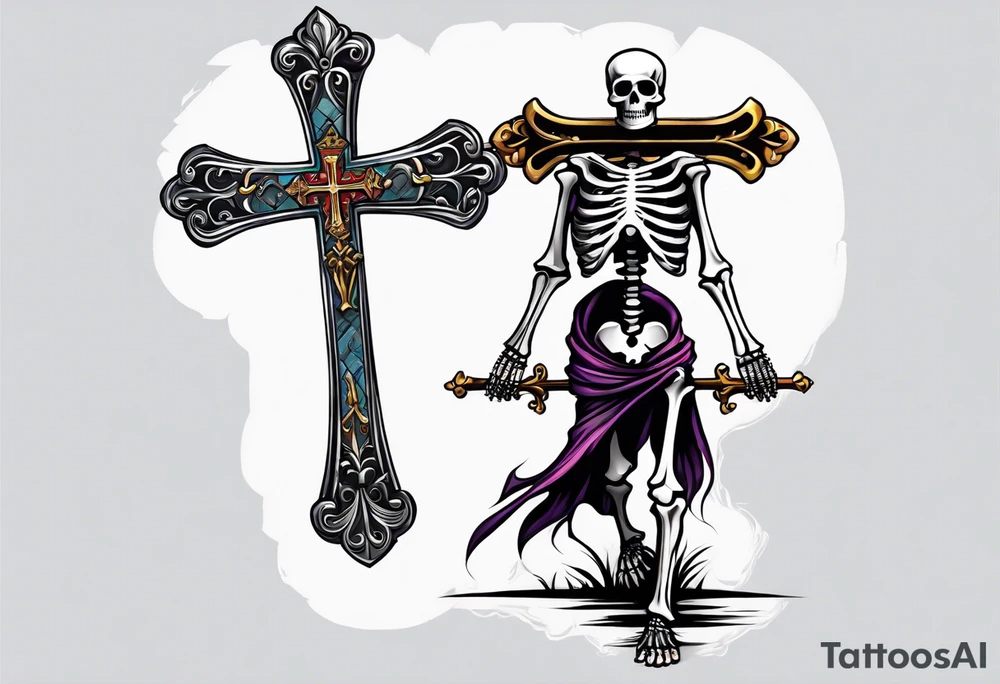 skeleton walking with a cross tattoo idea