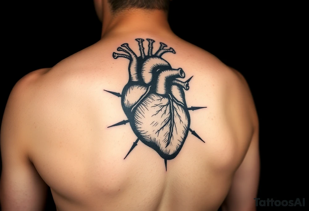 woodcut realistic human heart etching tattoo high detail anatomy with lines coming off of it like a nautical compass with lots of veins tattoo idea