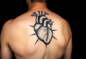 woodcut realistic human heart etching tattoo high detail anatomy with lines coming off of it like a nautical compass with lots of veins tattoo idea