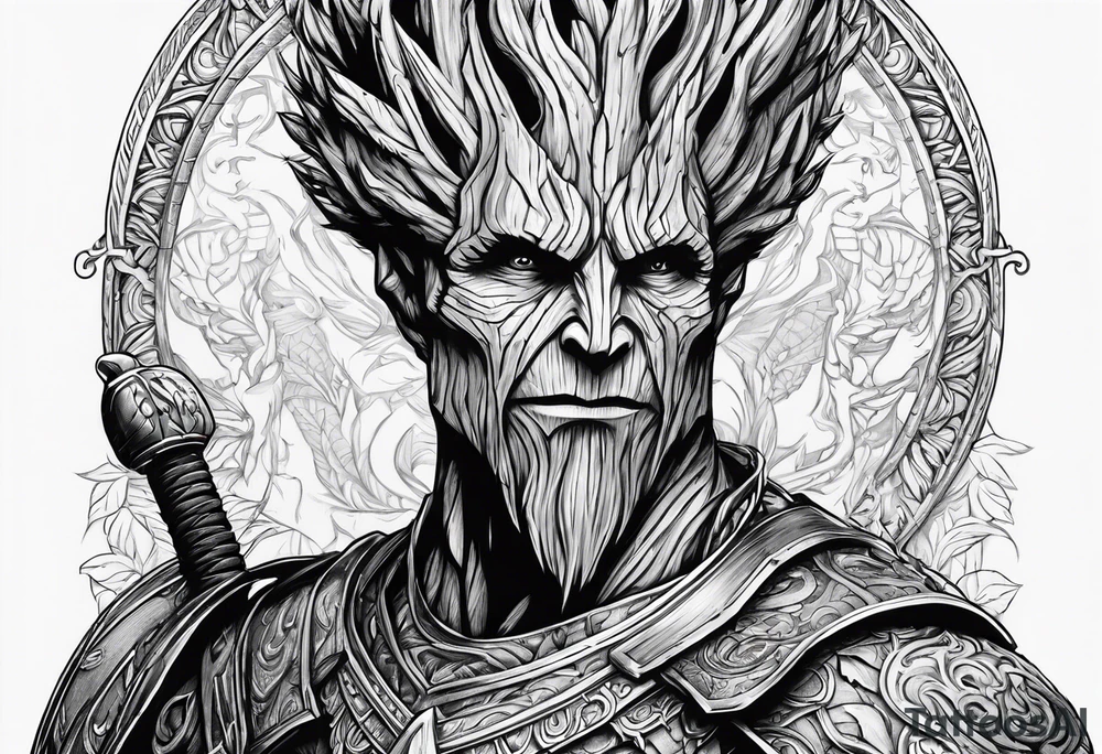 Groot greek warrior, half viewed with sword, knight tattoo idea